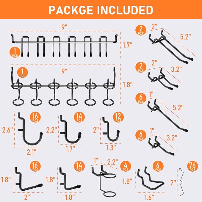 INCLY 176PCS Extra Thick Pegboard Hooks, 1/4" Heavy Duty Black Metal Peg Board - Image 4
