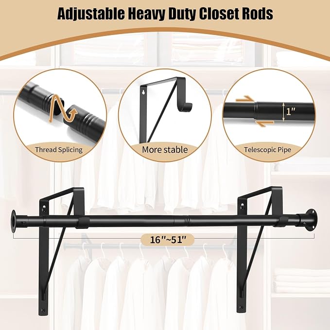 Closet Rod, 16 to 51 Inch Closet Rods Heavy Duty Adjustable Wardrobe Poles - Image 5