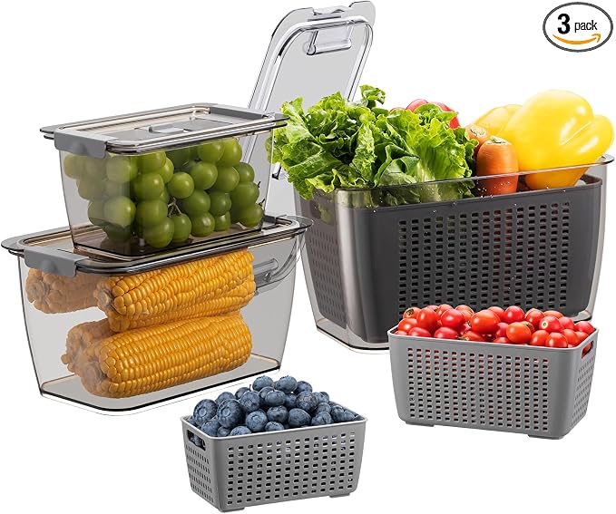 Fresh Fruit Vegetable Storage Containers, 3 Pack Produce Saver Container by Luxear
