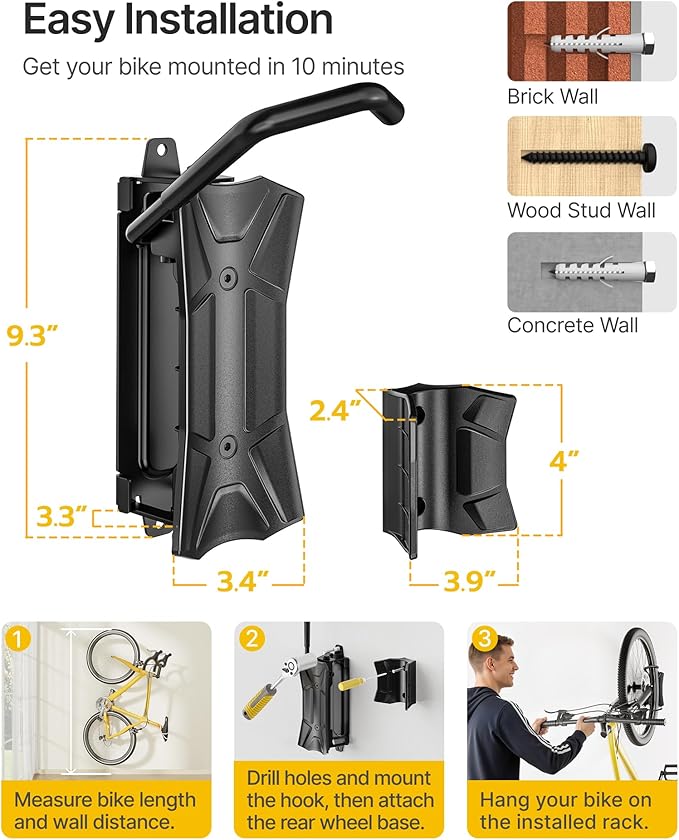 monTEK Heavy duty Bike Wall Mount, Swivel Bike Wall Hanger Holds Up to 77lbs - Image 7