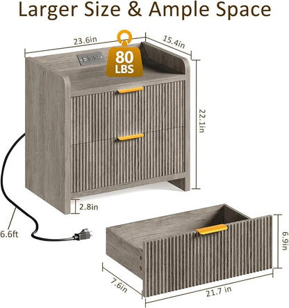 Fluted Nightstand with Charging Station, 23.6" Modern Night Stand with 2 Drawers - Image 3