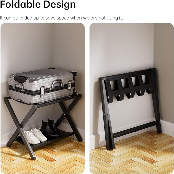 HITNET Luggage Rack for Guest Room, Suitcase Stand Folding Bedroom, Bamboo - Image 3