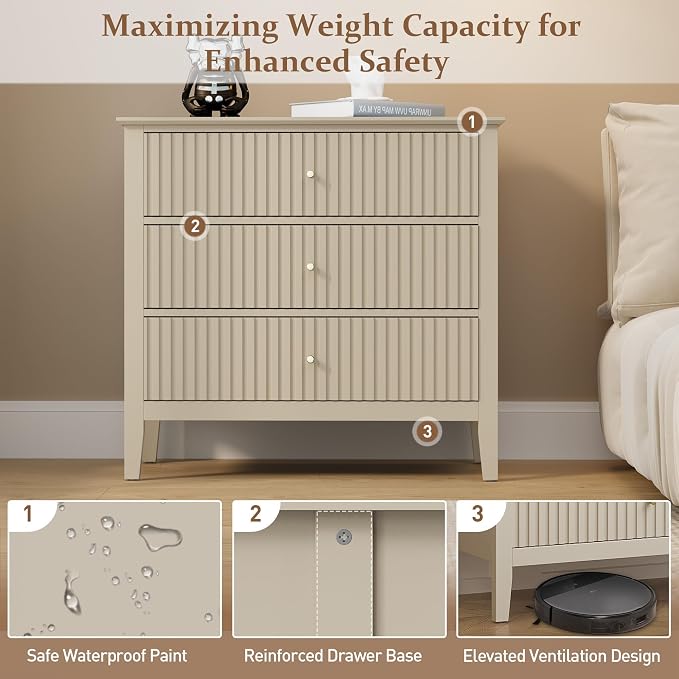 RoyalCraft Beige Fluted 3 Drawer Dresser, 32 inch Wide Dresser Nightstand - Image 8