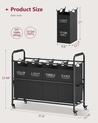 Tajsoon 4 Bag Laundry Sorter Cart, 4 Section Laundry Hamper Sorter - Image 7
