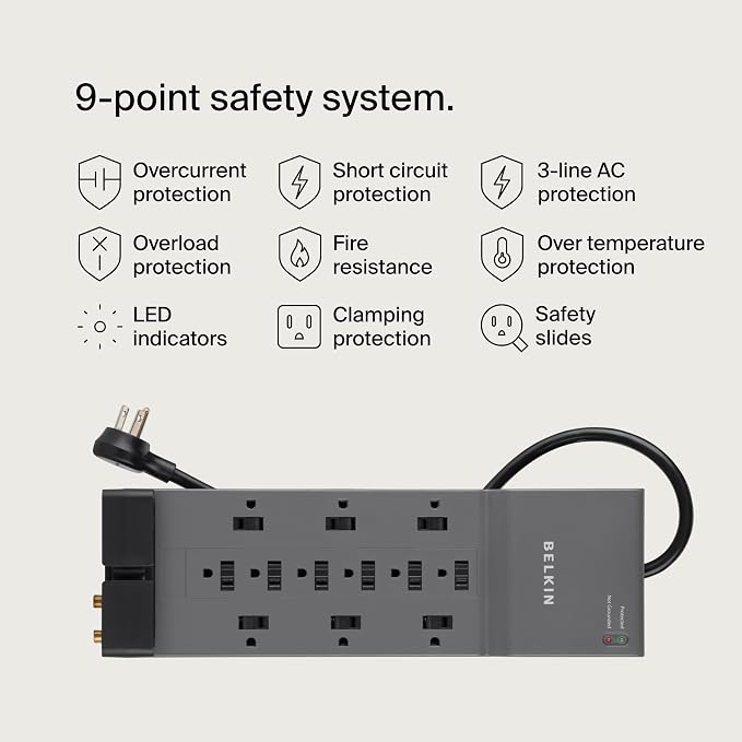 Belkin Surge Protector Power Strip w/ 12 AC Outlets & 8ft Long Flat Plug - Image 3