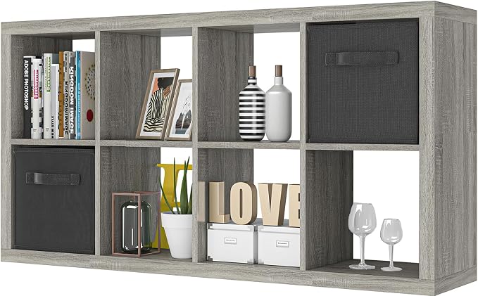 Bookshelf with Storage Bins, 8-Cube Storage Organizer, Modern Wood Open Bookcase by furtble