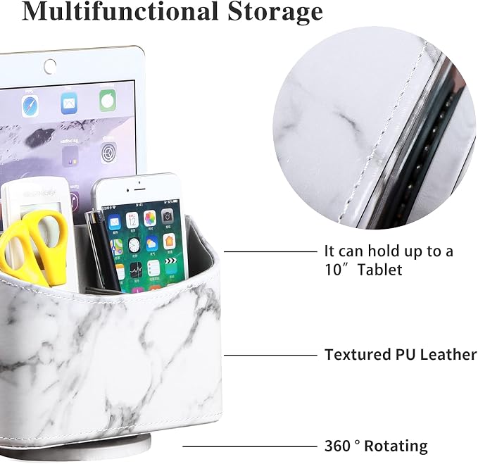 YAPISHI White Marble Leather Remote Control Holder, 360 Degree Spinning Desk TV - Image 2