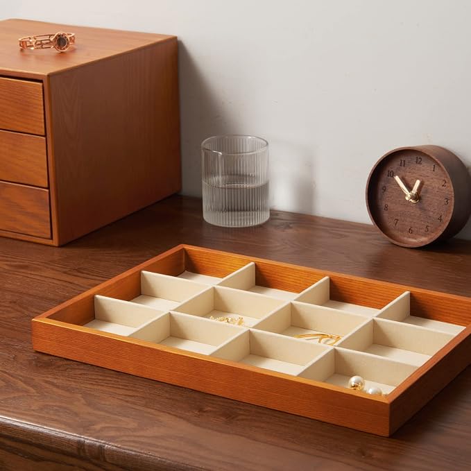Oirlv 12 Grids Wood Jewelry Organizer Tray Stackable Jewelry Drawer Tray - Image 6