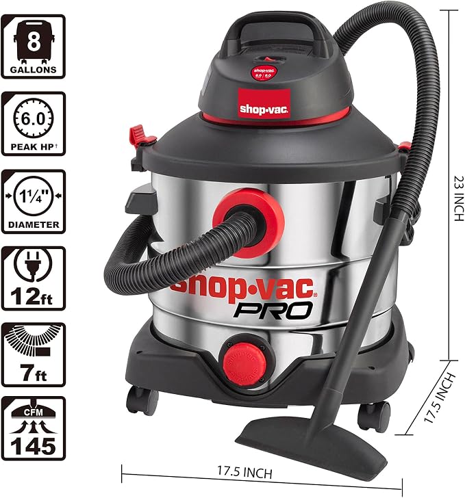 Shop-Vac 8 Gallon 6.0 Peak HP Wet/Dry Vacuum, Stainless Steel Tank, Portable - Image 5