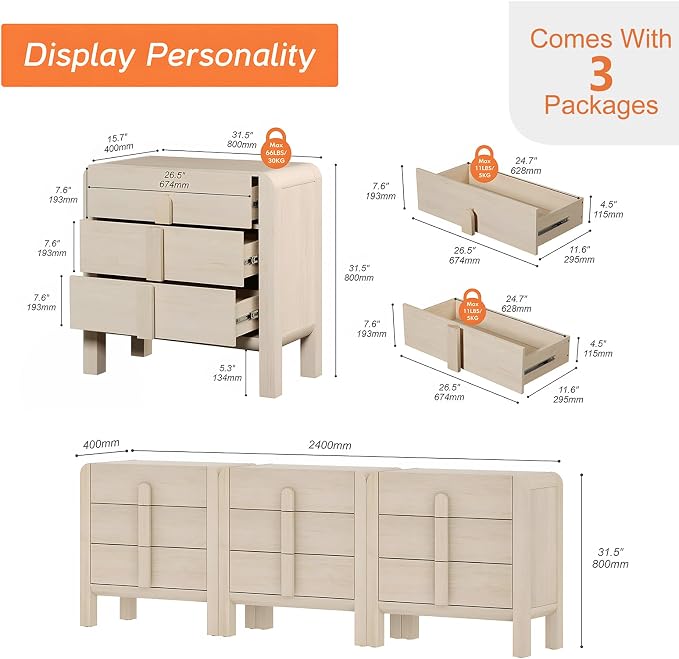 WAMPAT 3 in 1 9 Drawer Dresser for Bedroom, 94.5" Wide Mid Century Modern Wide - Image 2