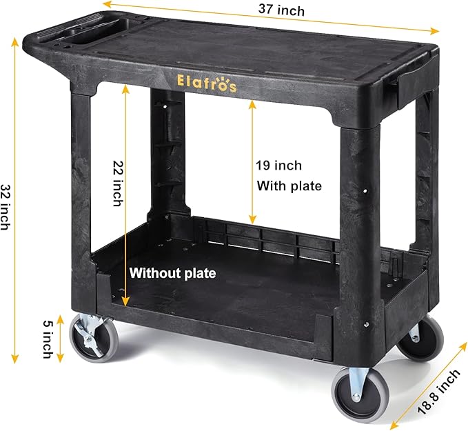 ELAFROS Heavy Duty Plastic Utility Cart, 37 x 18.8 in, Flat Top, Swivel Wheels - Image 2
