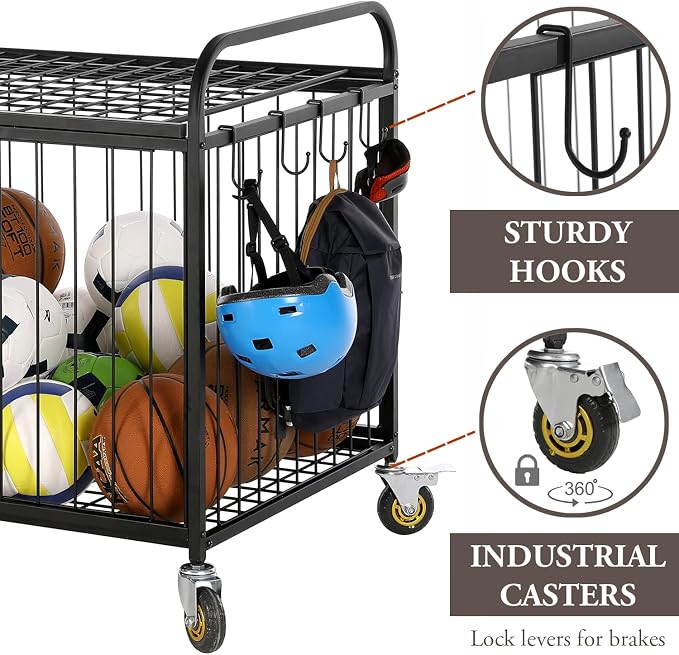 MyGift Large Capacity Metal Rolling Multi Sports Ball Cage Storage Hopper - Image 3