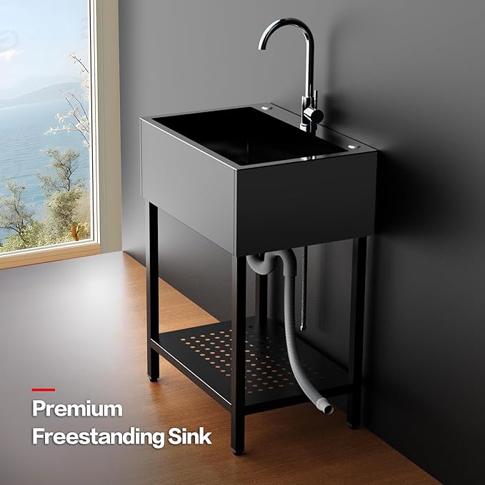 26" Freestanding Stainless Steel Utility Sink, Single Bowl Kitchen Sinks - Image 3