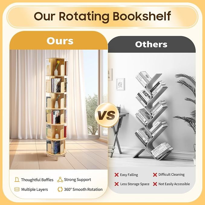 Rotating Bookshelf, 6-Tier Pine Wood Bookcase, Freestanding Bookcase Books - Image 6