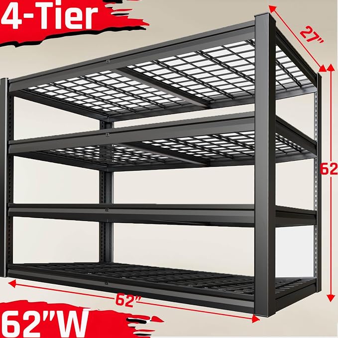 62" Wide Heavy Duty Garage Shelving Units, 4-Tier Deep Storage Shelves - Image 3