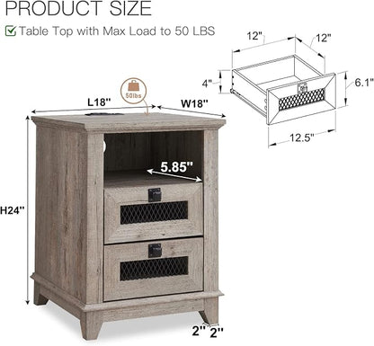 Nightstand with Charging Station, OKD 18'' Industrial & Farmhouse End Table - Image 2