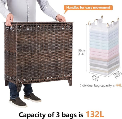 Laundry Hamper with 3 Removable Liner Bags; 132L Handwoven Rattan Laundry - Image 4