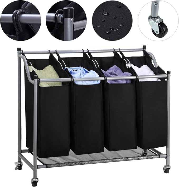 Laundry Sorter Cart 4-Bag Classics Rolling Laundry Hamper, Sturdy Frame - Image 4