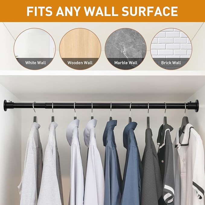 Black Adjustable Closet Rod 18-77 Inches, Heavy Duty Metal Clothes Hanging Rod - Image 7