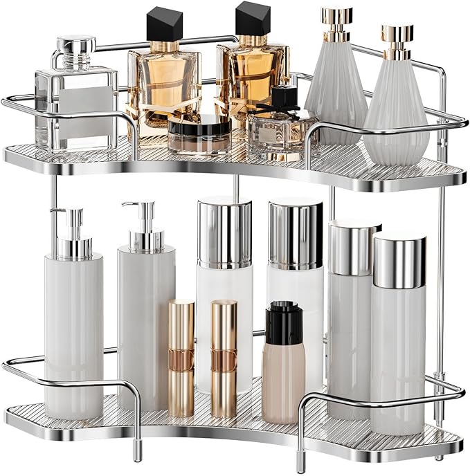 Seoneiro 2 Tier Corner Bathroom Counter Organizer, Cosmetic Skincare Organizer by Seoneiro