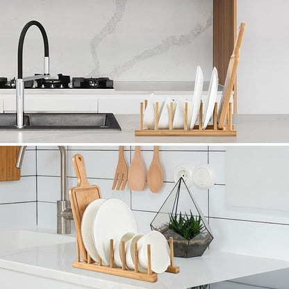 INNERNEED Bamboo Wooden Dish Rack, Vertical Plate & Lid Organizer - Image 6