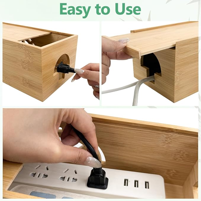 Bamboo Cable Management Box, Extra Large Cord Organizer Box, Power Strips Hider - Image 3
