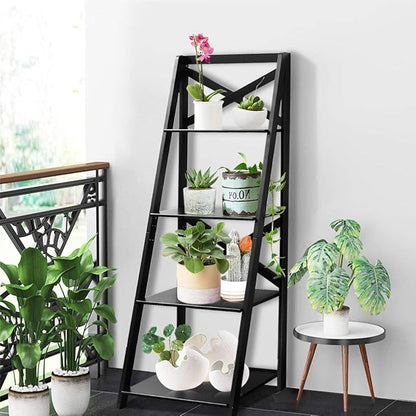 Tangkula 4-Tier Ladder Shelf Bookcase, Leaning Free Standing Wooden Frame Decor - Image 2