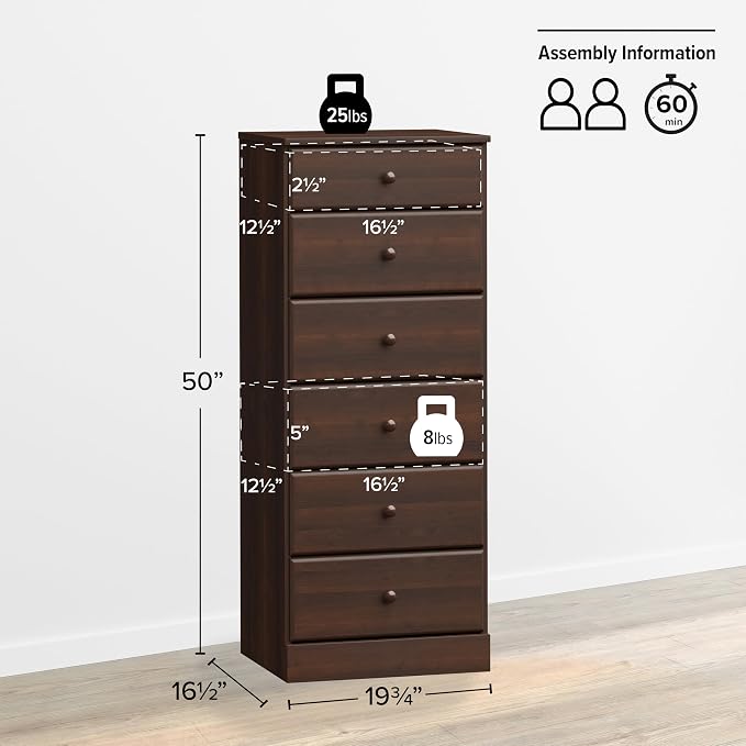 Prepac Astrid Tall Brown Dresser: 16.5"D x 19.75"W x 50"H, 6-Drawer Chest - Image 3