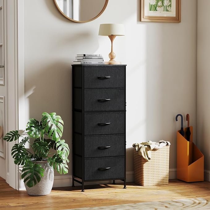 DUMOS Nightstand with 5 Drawers Bedside Table with Removable Fabric Bins Sturdy - Image 2
