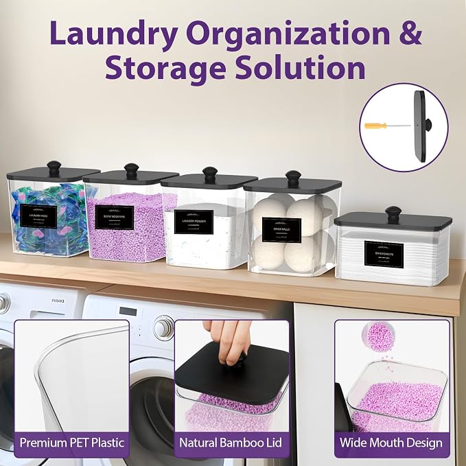 4+1 Pack Clear Laundry Pods Container & Dryer Sheet Holder, Plastic Square - Image 4