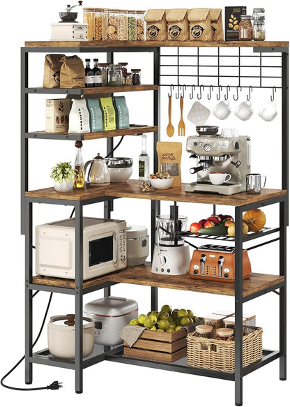 L-Shaped Bakers Rack with Power Outlet, 6-Tier Microwave Stand with Open Storage by WelcometoIABIFO