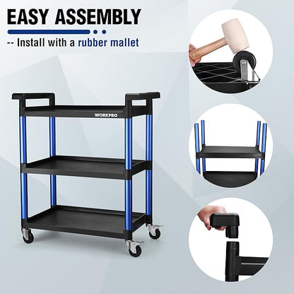 WORKPRO 3-Tier Service Utility Cart, 400LBS Plastic Rolling Cart - Image 6