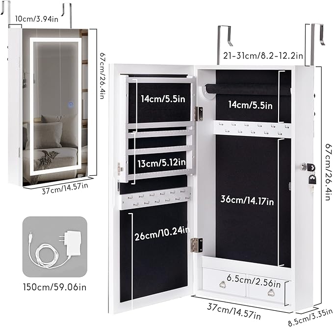 LAVIEVERT Jewelry Armoire with LED Lighted Mirror, Wall/Door Mounted Frameless - Image 6