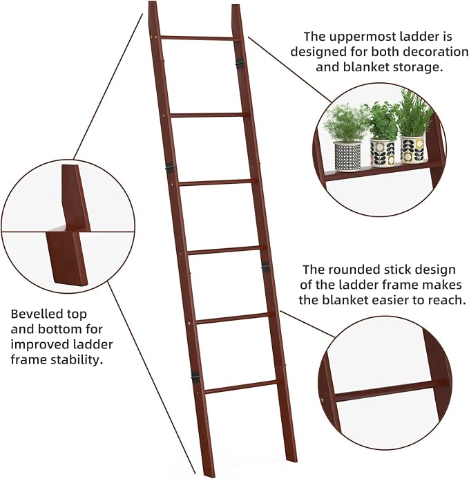 BAMBANG 6-Tier Blanket Ladder for Living Room, Blanket Quilt Ladder Rack Rustic - Image 4