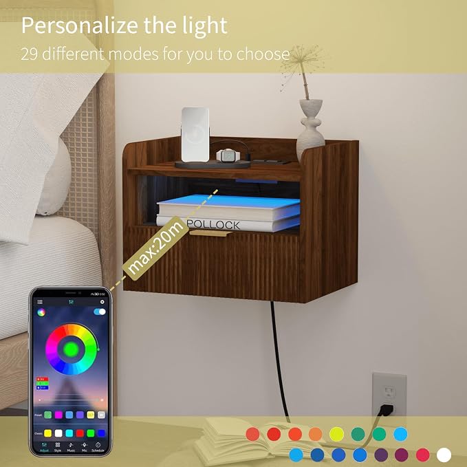 Floating Nightstand with Charging Station and LED Lights - Image 5