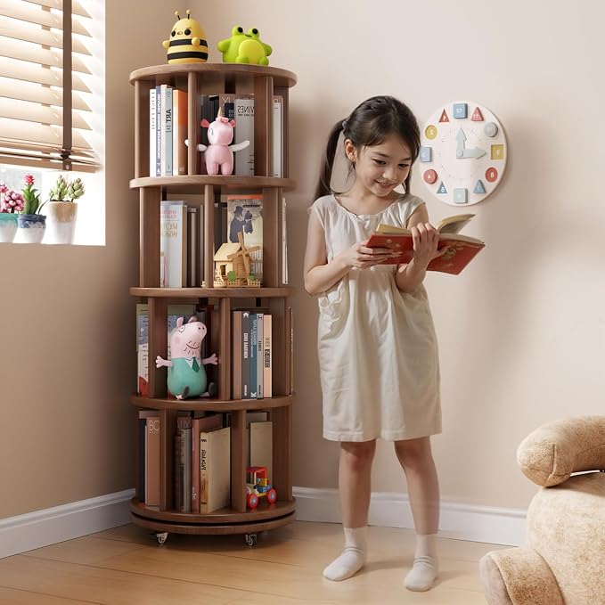 Solid Wood Rotating Bookshelf on Wheels, 4 Tier, Round Revolving Bookcase - Image 3