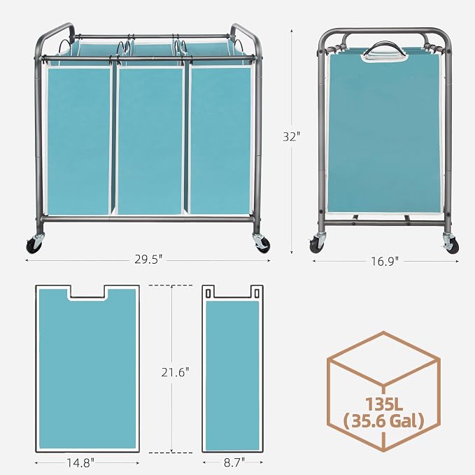 STORAGE MANIAC 3 Section Laundry Sorter, 35.9 Gal Laundry Hamper Cart - Image 3