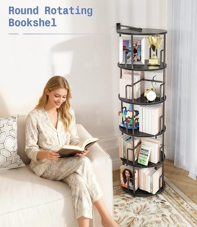 5 Tier Rotating Bookshelf Tower Round Black, 62”Tall Standing Spinning - Image 7