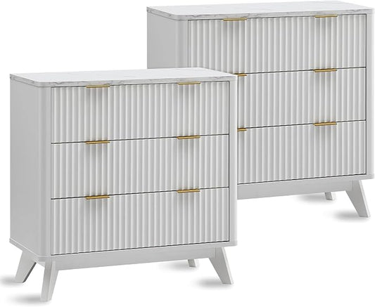 T4TREAM Fluted 3 Drawers Nightstand Set of 2, Oversized Extra Large Modern Side by T4TREAMFurniture