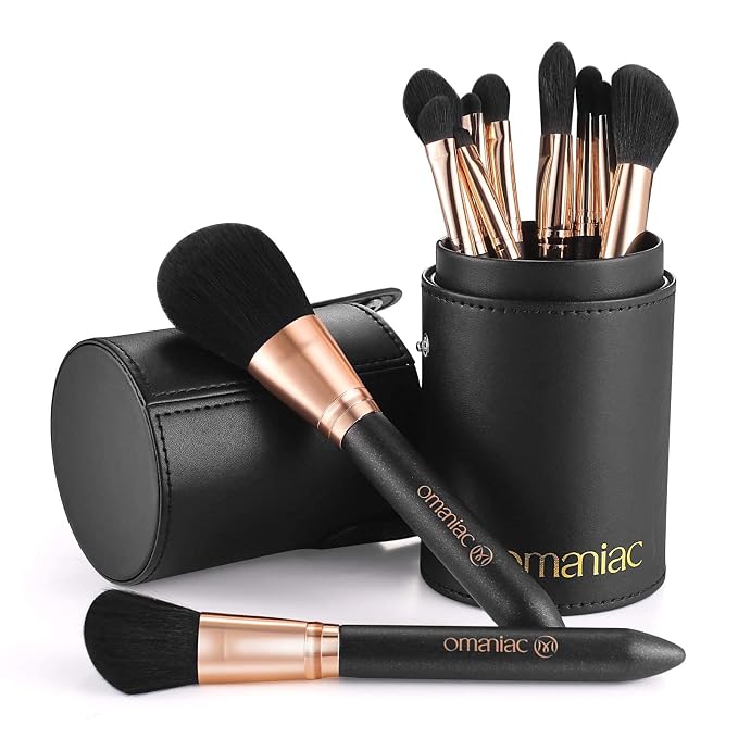 OMANIAC Makeup Brush Set Professional, 12 Pearlescent Wood Handle Makeup Brushes by OMANIAC