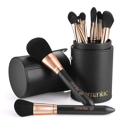 OMANIAC Makeup Brush Set Professional, 12 Pearlescent Wood Handle Makeup Brushes by OMANIAC