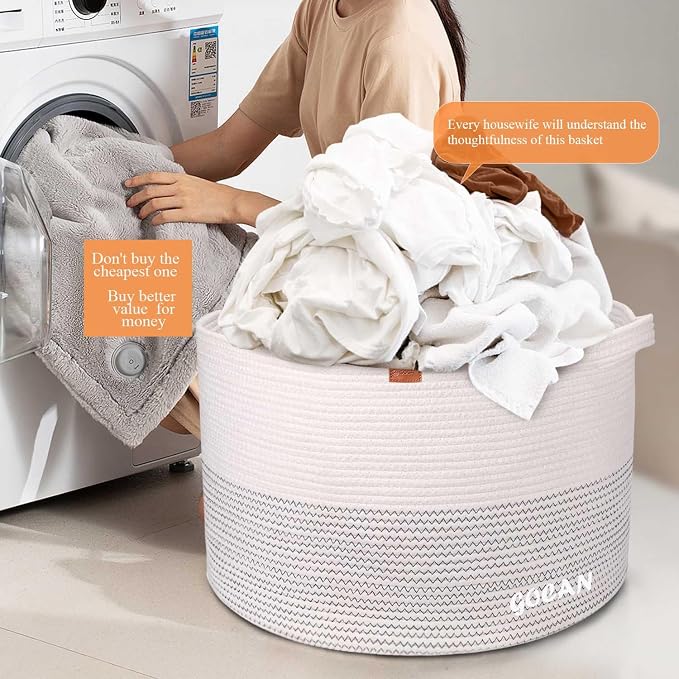 Extra Large Laundry Basket 22" X 22"X 14" XXXL Cotton Rope Woven Basket - Image 4