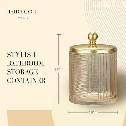 Tan Colored Tranlucent Apothecary Ribbed Geometric Etched Glass Jar W/Gold - Image 2