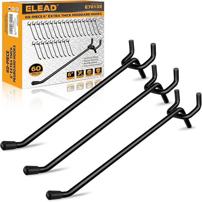 ELEAD 60-Piece 6 Inch Extra Thick Pegboard Hooks, Heavy Duty Peg Board by ELEAD