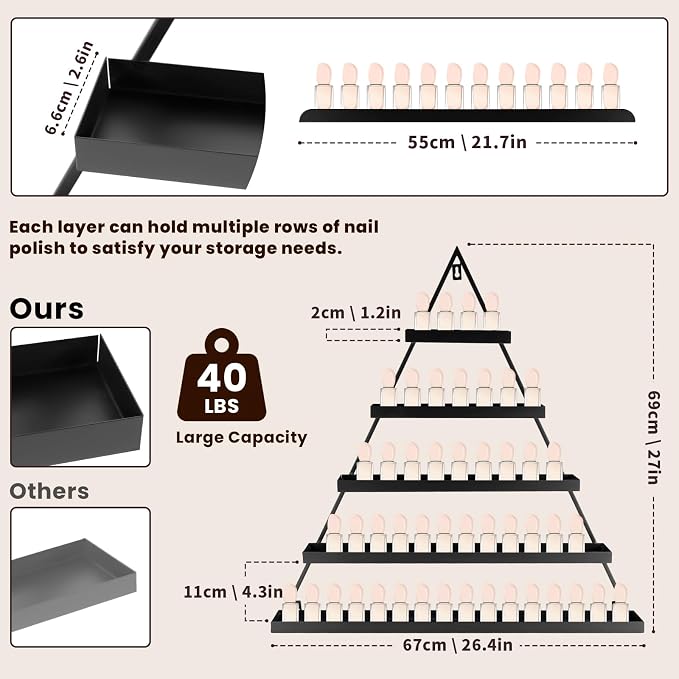 10PCS Nail Polish Rack Wall Mounted Shelf, 5 Tiers Black Triangular Display Rack - Image 3