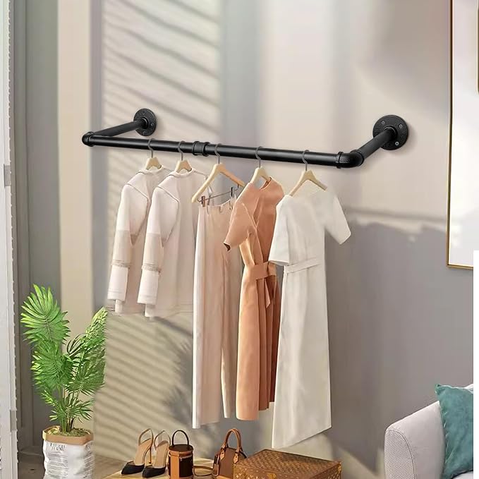 Industrial Iron Pipe Clothes Hanging Bar DIY Wall-Mounted Garment Rack Heavy - Image 2