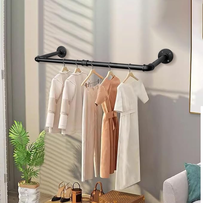 Industrial Iron Pipe Clothes Hanging Bar DIY Wall-Mounted Garment Rack Heavy - Image 7