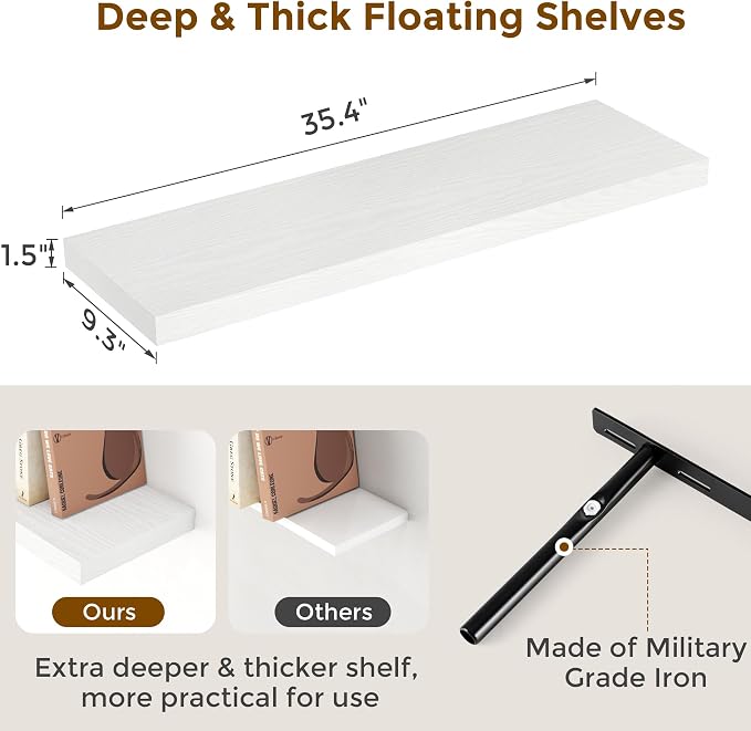 Fun Memories 36 Inch Floating Shelves White, 9.3 Deep Floating Shelf - Image 3