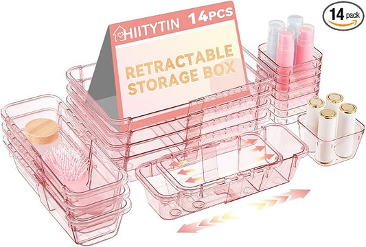 14 Pcs Adjustable Clear Drawer Organizer, Extendable Vanity Storage Bins by Hiitytin