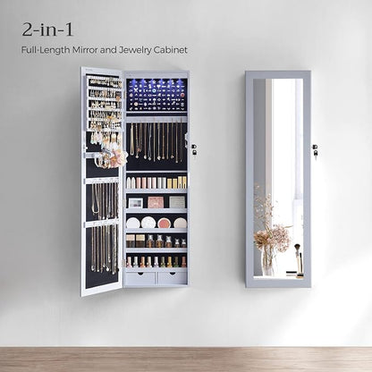 SONGMICS 6 LEDs Mirror Jewelry Cabinet, 47.2-Inch Tall Lockable Wall or Door - Image 3